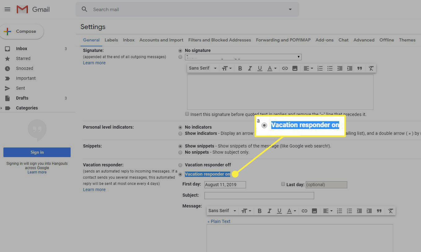 Uma captura de tela das configurações do Gmail com a opção Resposta automática de férias ativada destacada