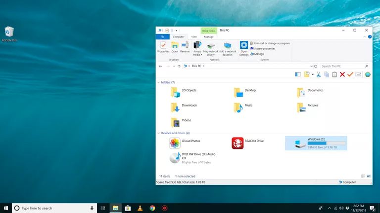 Windows 10 mostrando espaço livre em C