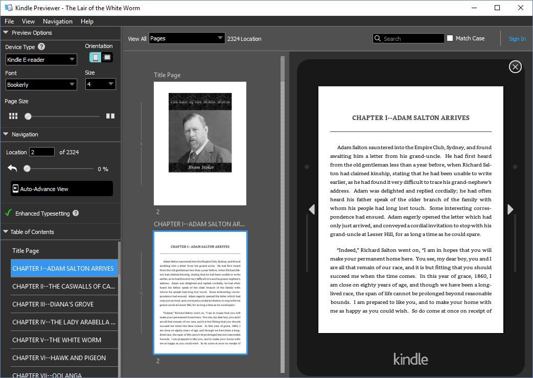 O Kindle Previewer com uma prévia de um ebook MOBI