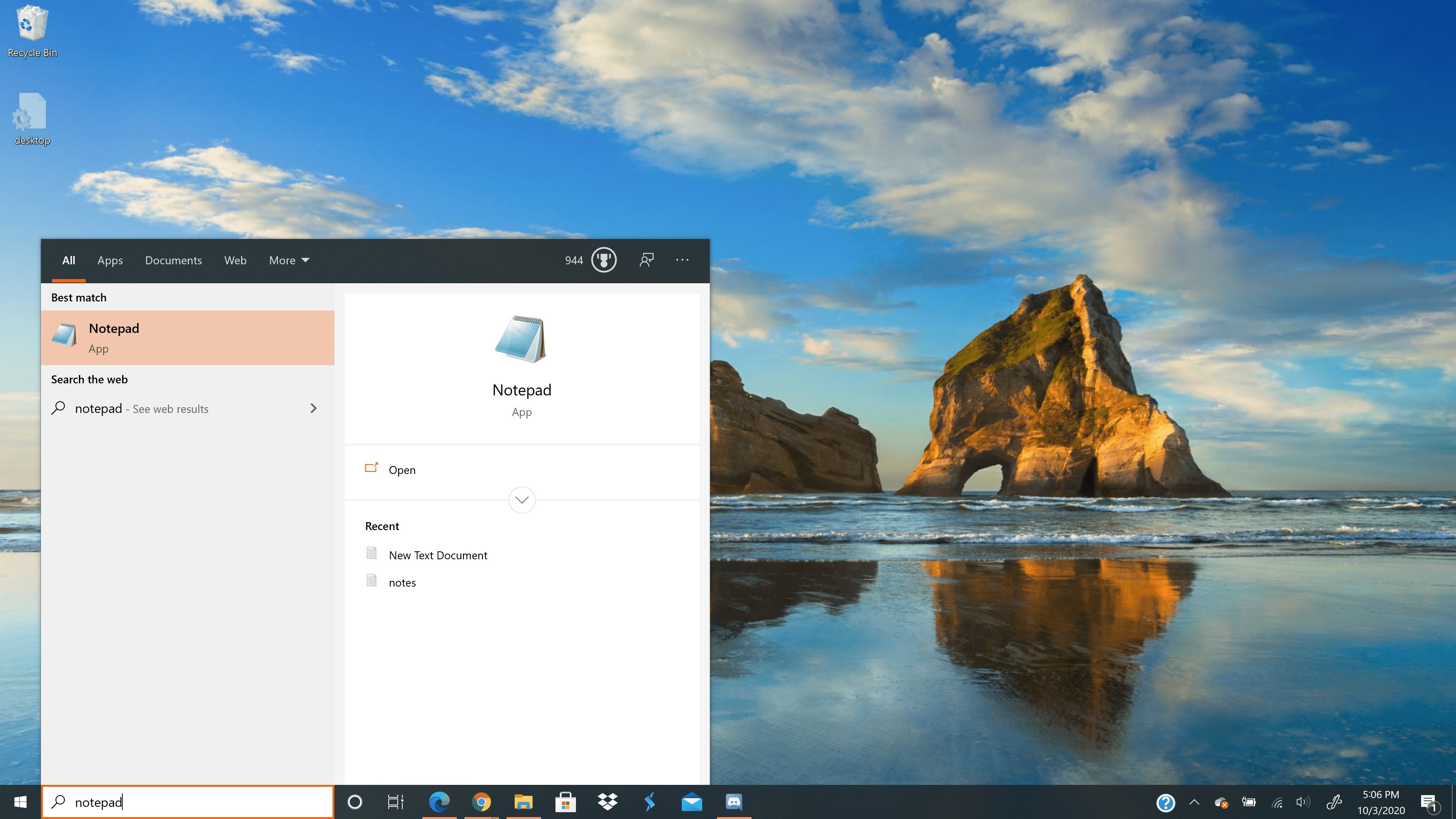 Uma captura de tela da abertura do Bloco de notas no Windows 10.