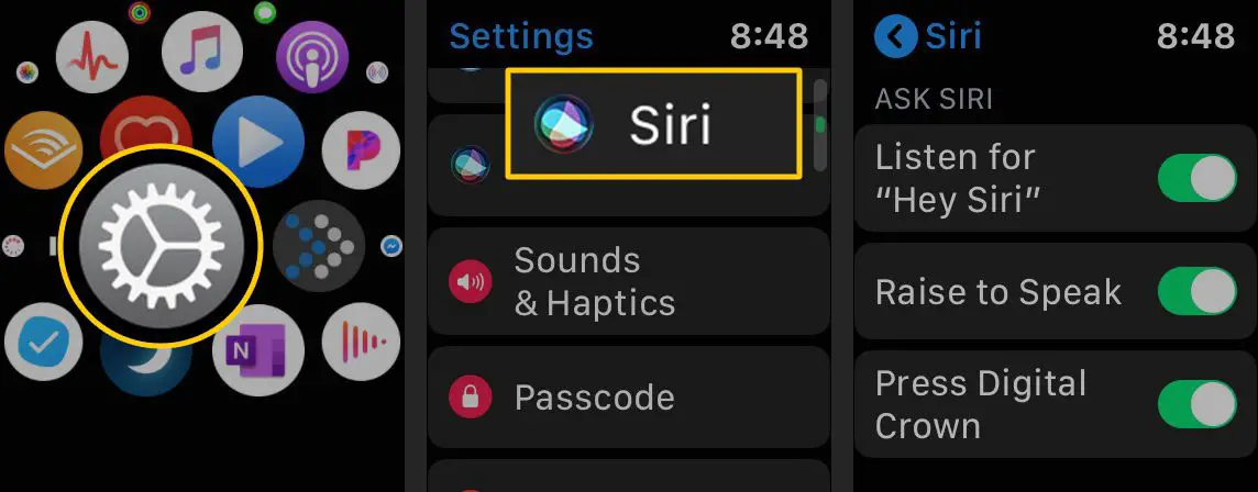 Configurações, Siri, opções de Siri no Apple Watch
