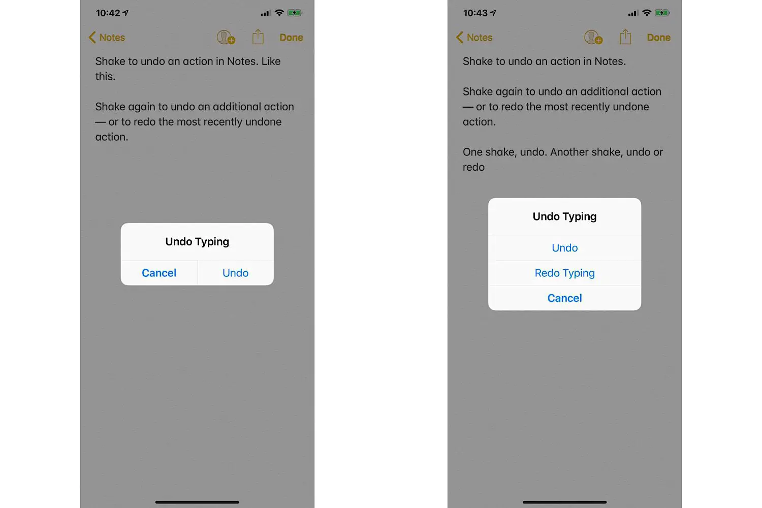 Duas capturas de tela do iPhone: (esquerda) Mostra "Desfazer digitação" com opções Cancelar e Desfazer, (direita) Mostra "Desfazer digitação" com opções Desfazer, Refazer digitação e Cancelar.