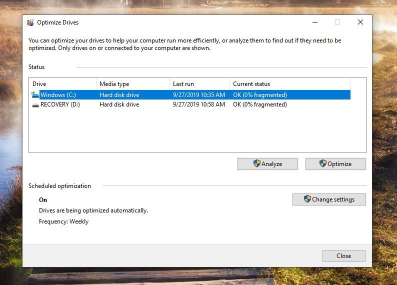 Captura de tela da janela Optimize Drives no Windows 10