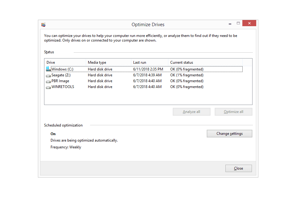 Captura de tela da ferramenta de desfragmentação do Windows 10 depois que as unidades foram analisadas