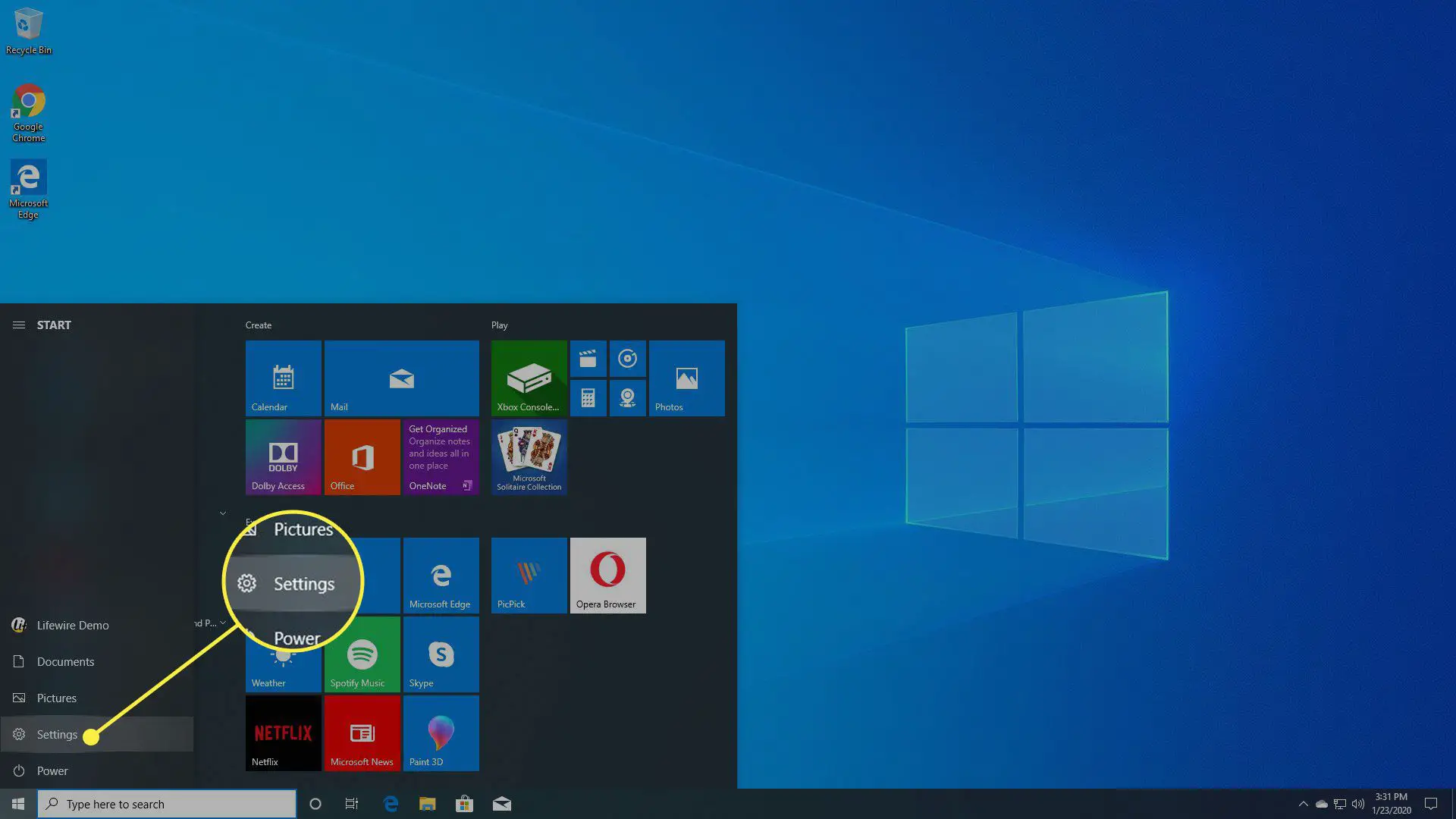 O menu Iniciar do Windows 10 com Configurações destacadas
