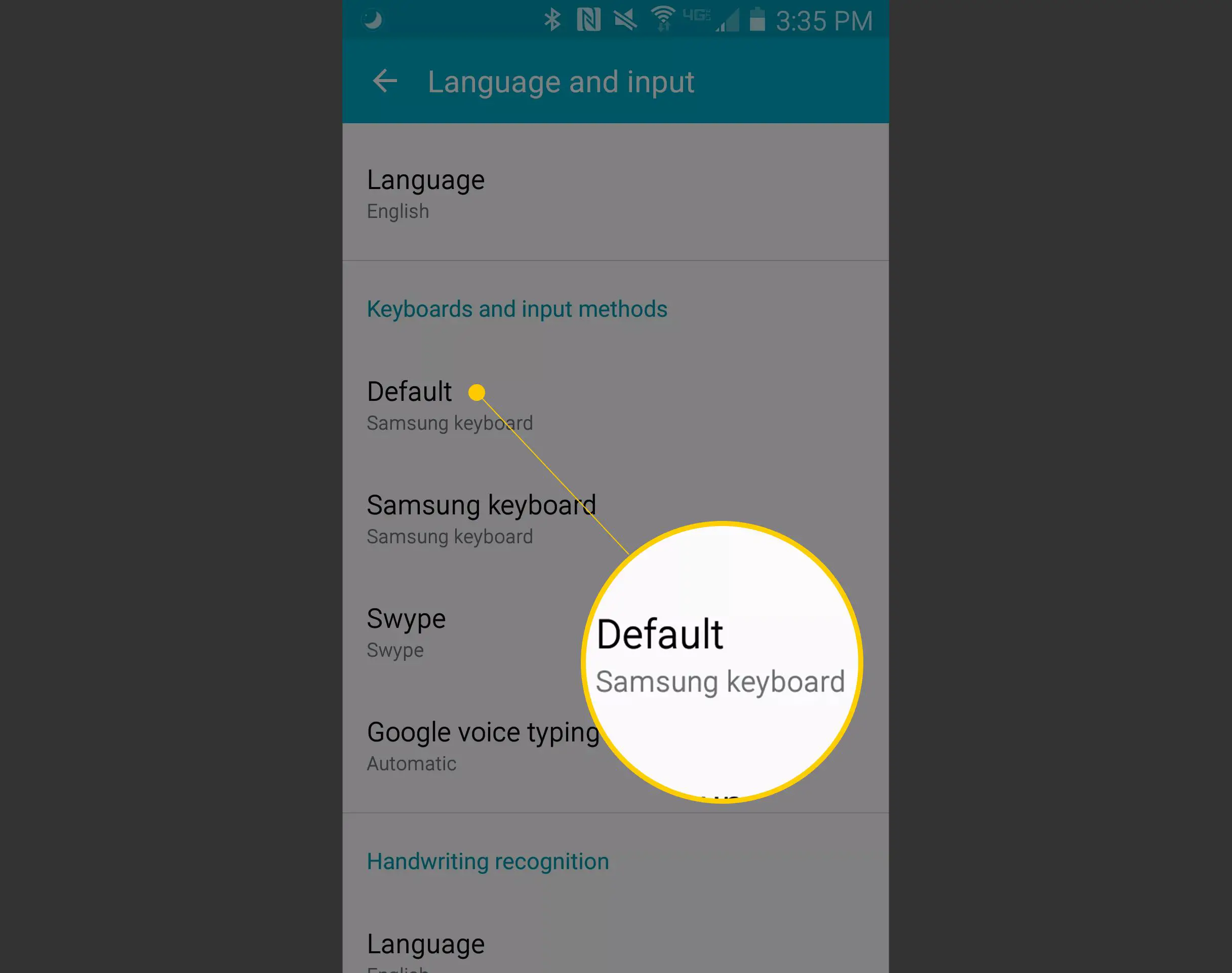 Opção de teclado Samsung padrão no idioma e na tela de entrada