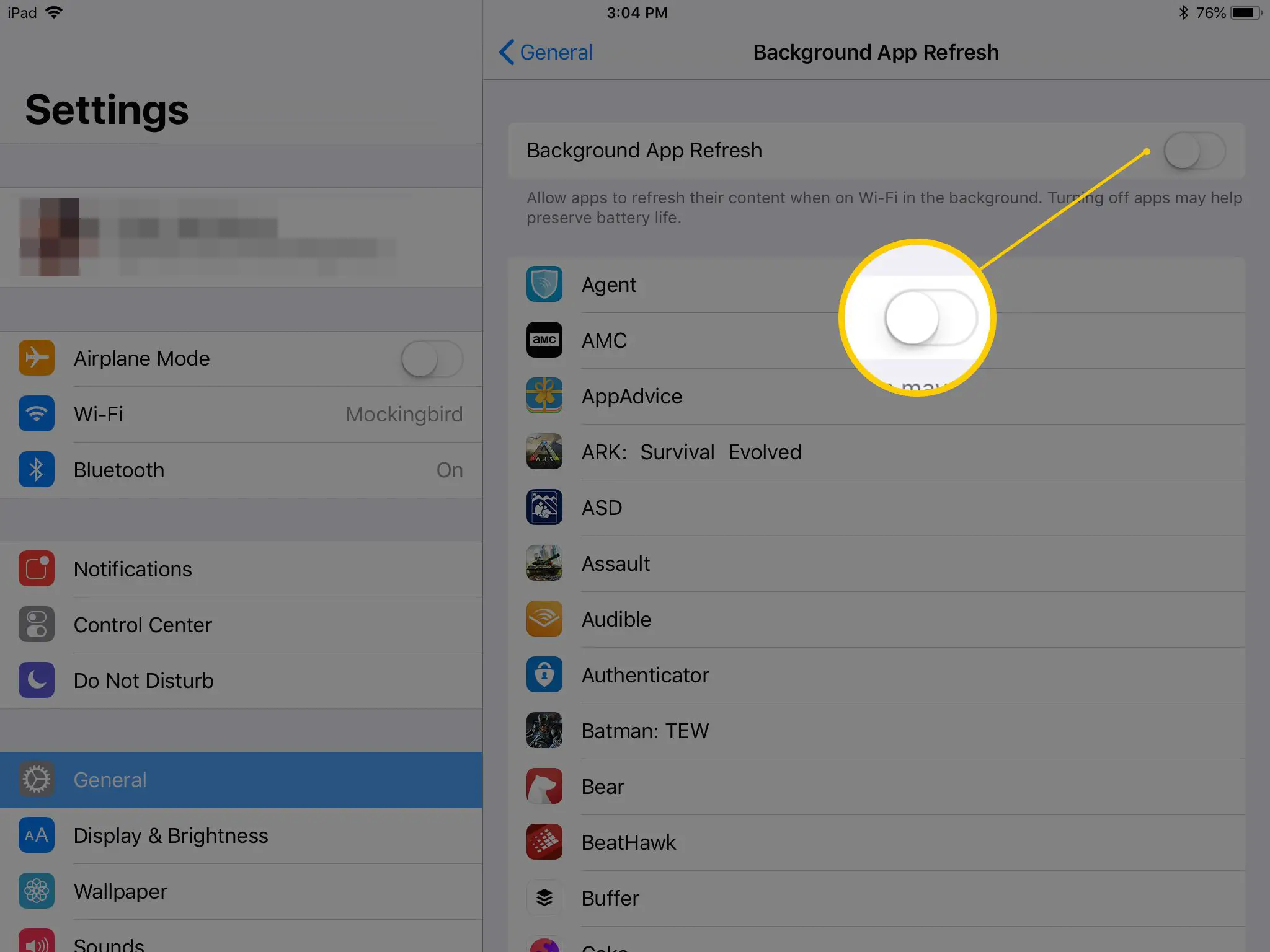 Tela de configurações de atualização do aplicativo em segundo plano no iPad