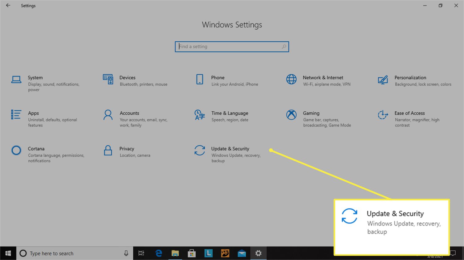 Opção de atualização e segurança do menu de configurações do Windows