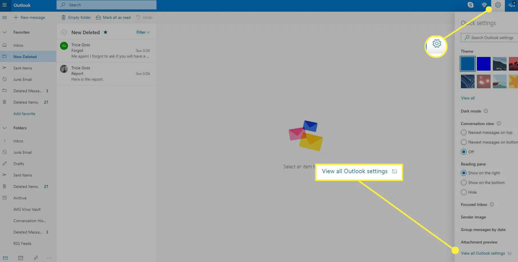 Configurações do Outlook com ícone de engrenagem e "Exibir todas as configurações do Outlook" destacadas