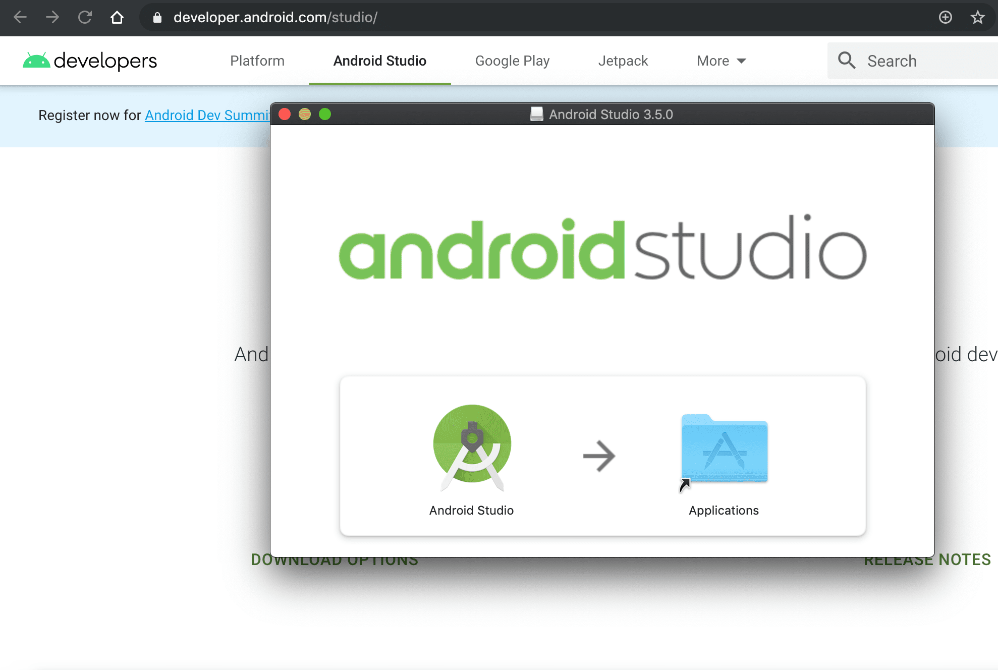 captura de tela da imagem de disco do Android Studio macOS