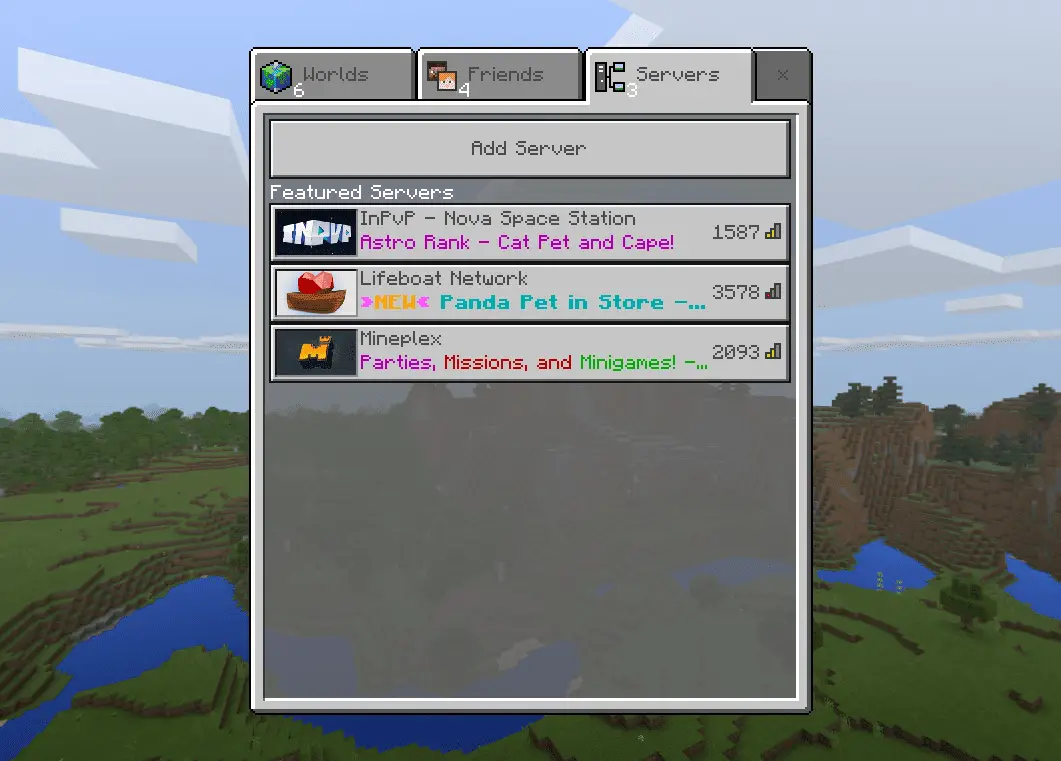 Captura de tela da tela de adicionar servidores do Minecraft, ao jogar como multijogador