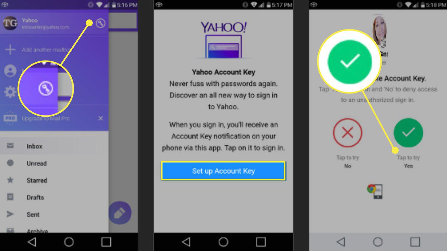 Capturas de tela do aplicativo Yahoo Mail mostrando a configuração de uma chave de conta