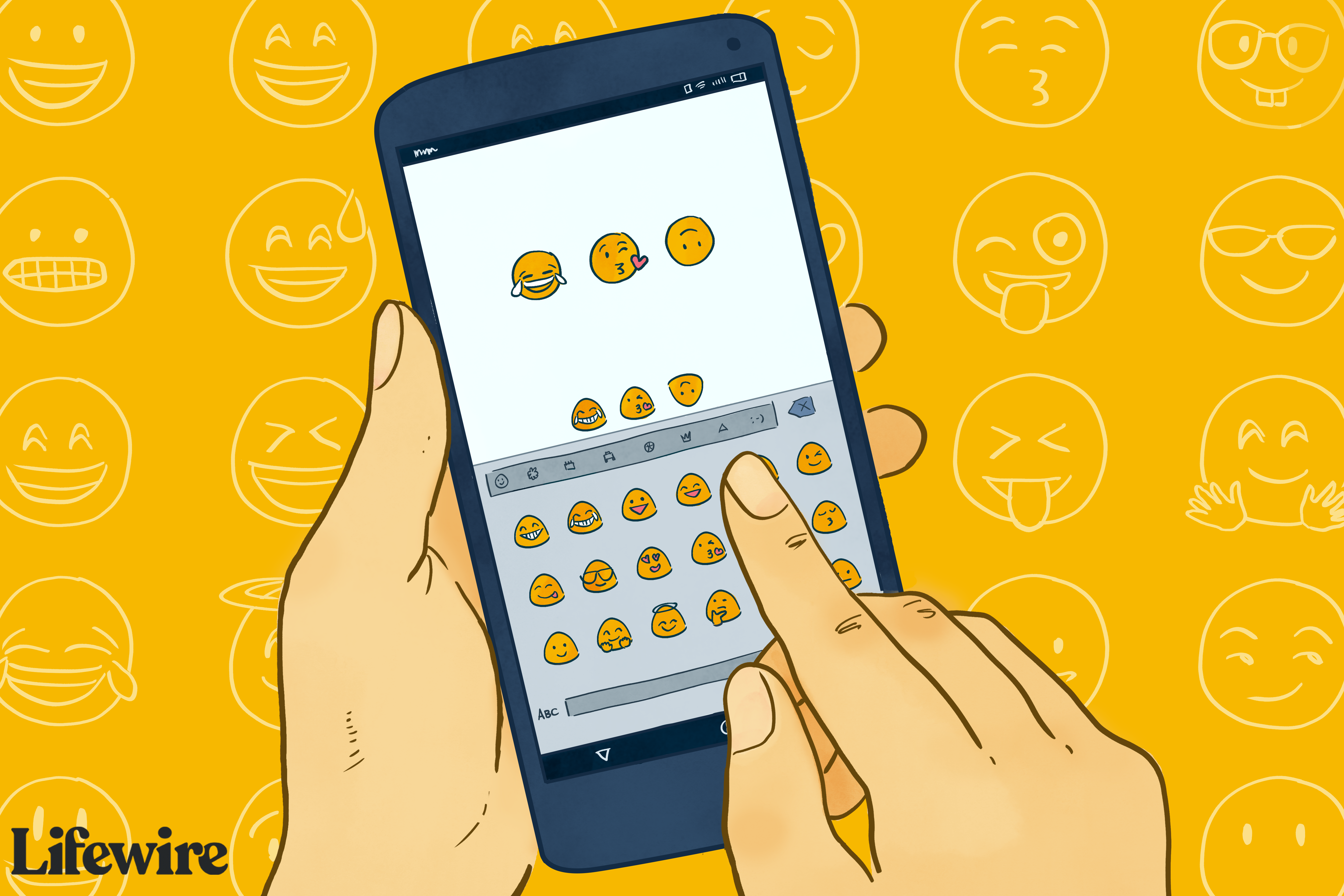 Ilustração de alguém enviando mensagens de texto com um teclado emoji