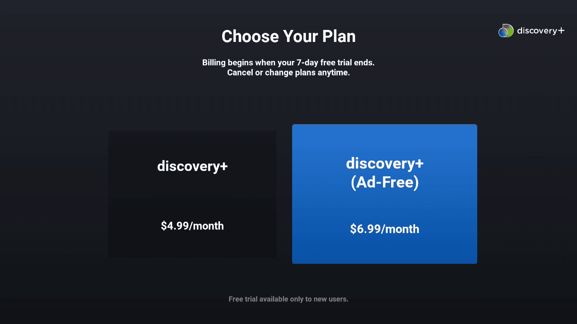 Discovery + opções de plano na Fire TV.