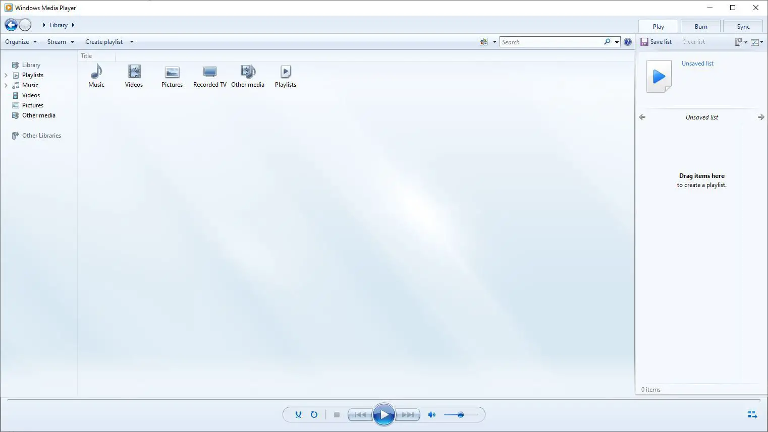 Windows Media Player na visualização Biblioteca