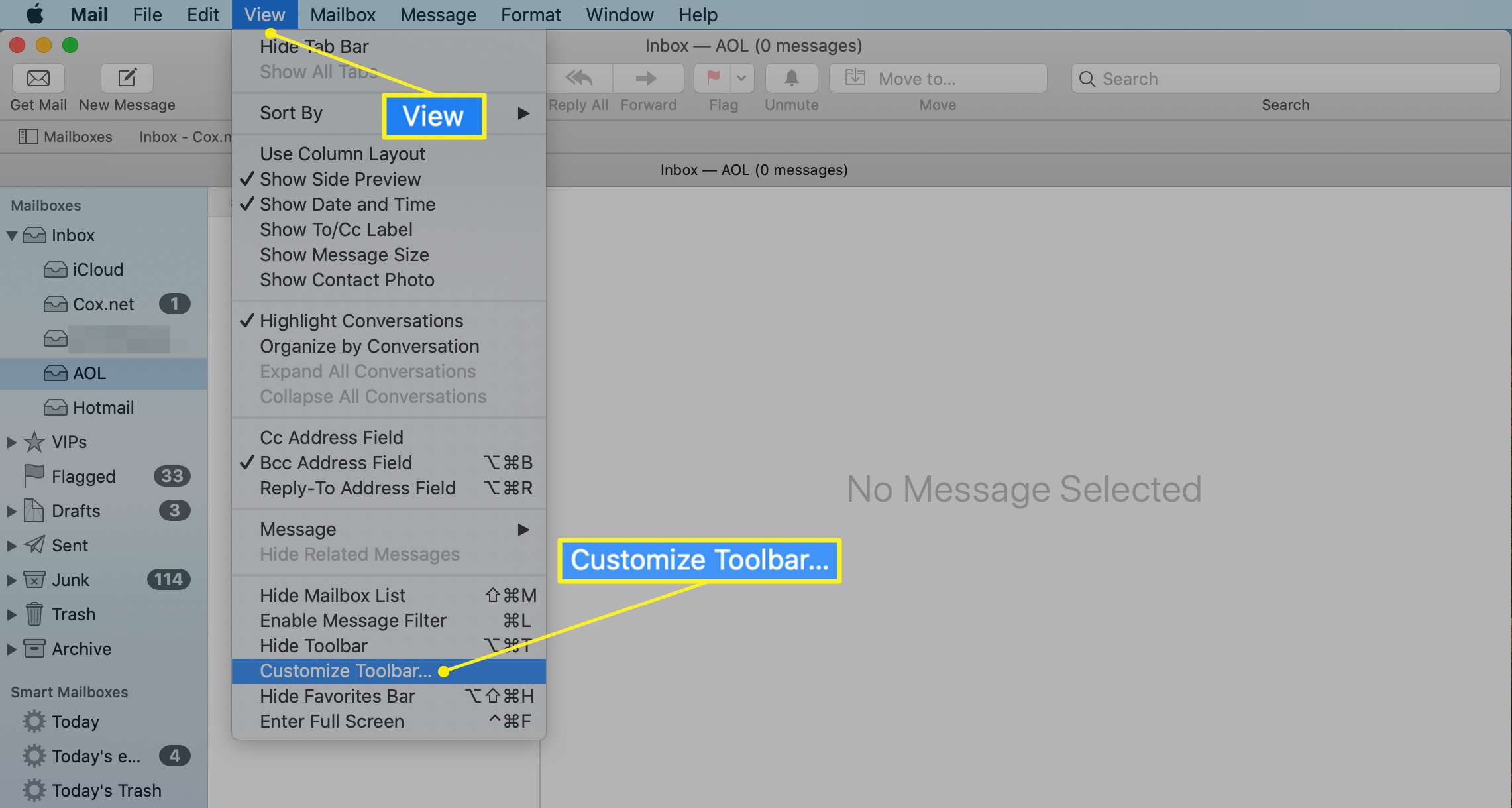 Opção de personalização da barra de ferramentas no Mac Mail
