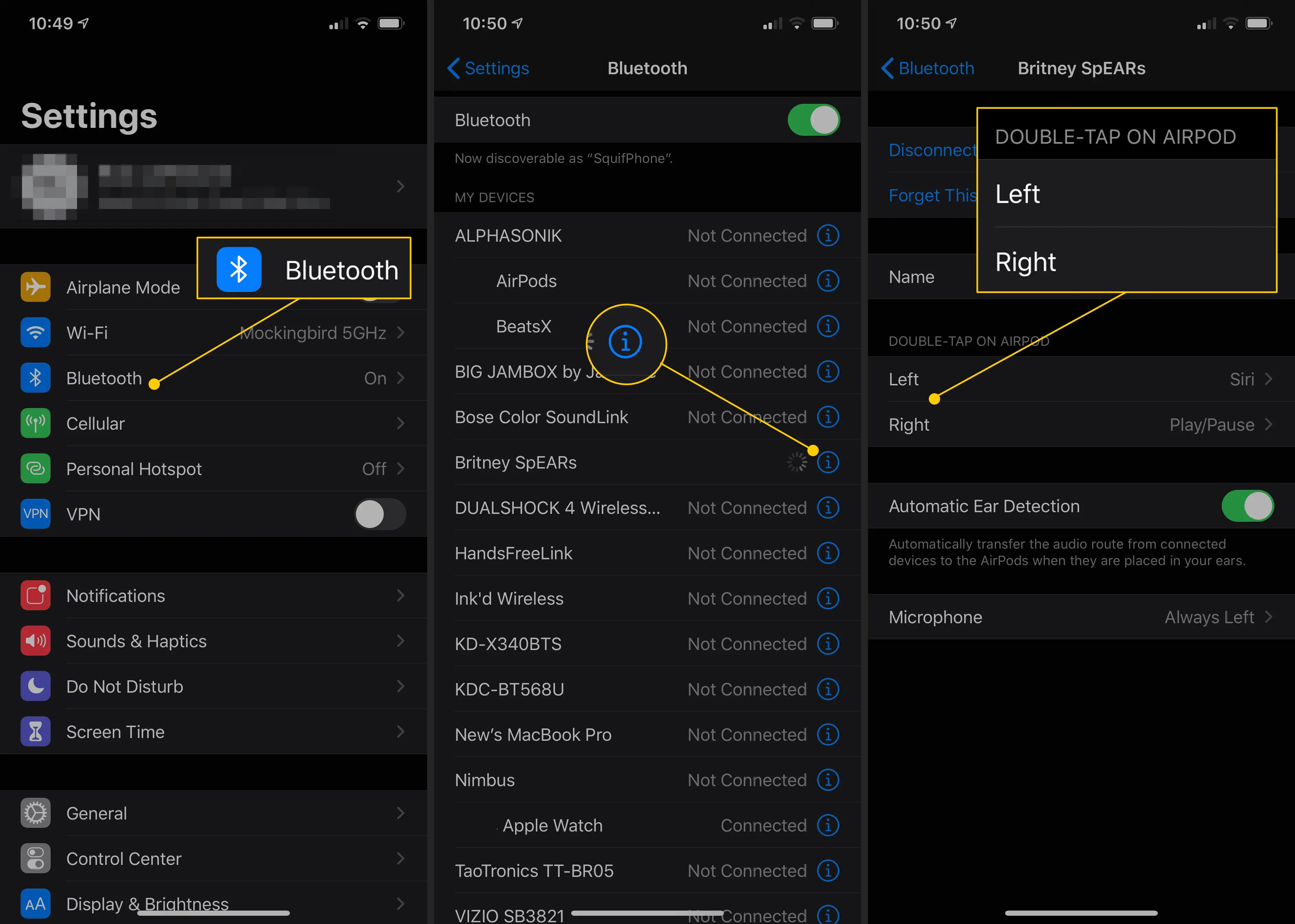 Bluetooth, botão de informações, toque duas vezes nas opções do Airpod nas configurações do iOS