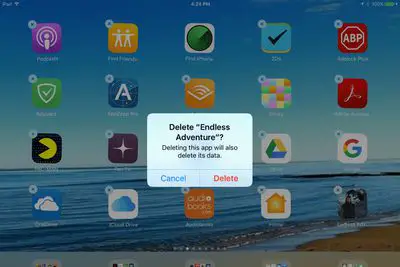 Um botão de confirmação para excluir um aplicativo no iPad.  captura de tela