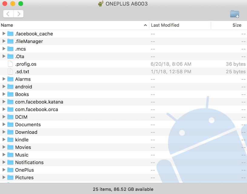 Transferência de arquivos do Android em uma captura de tela de Macbook
