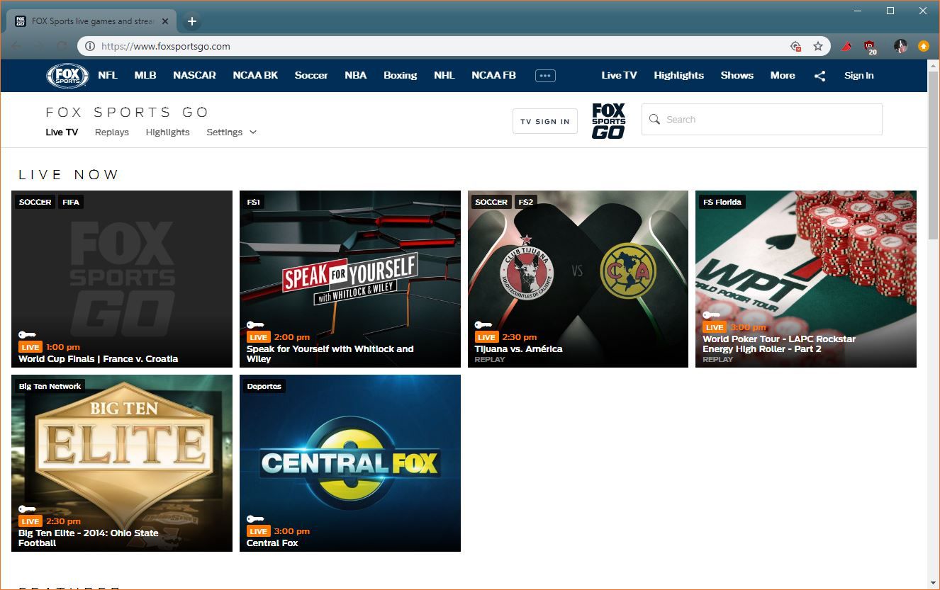 Uma captura de tela do FOX Sports GO mostrando as finais da Copa do Mundo.