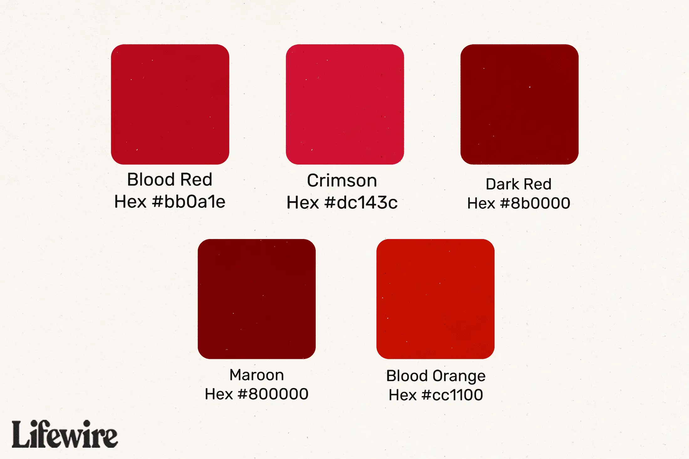 Amostras de cor vermelho sangue com números hexadecimais