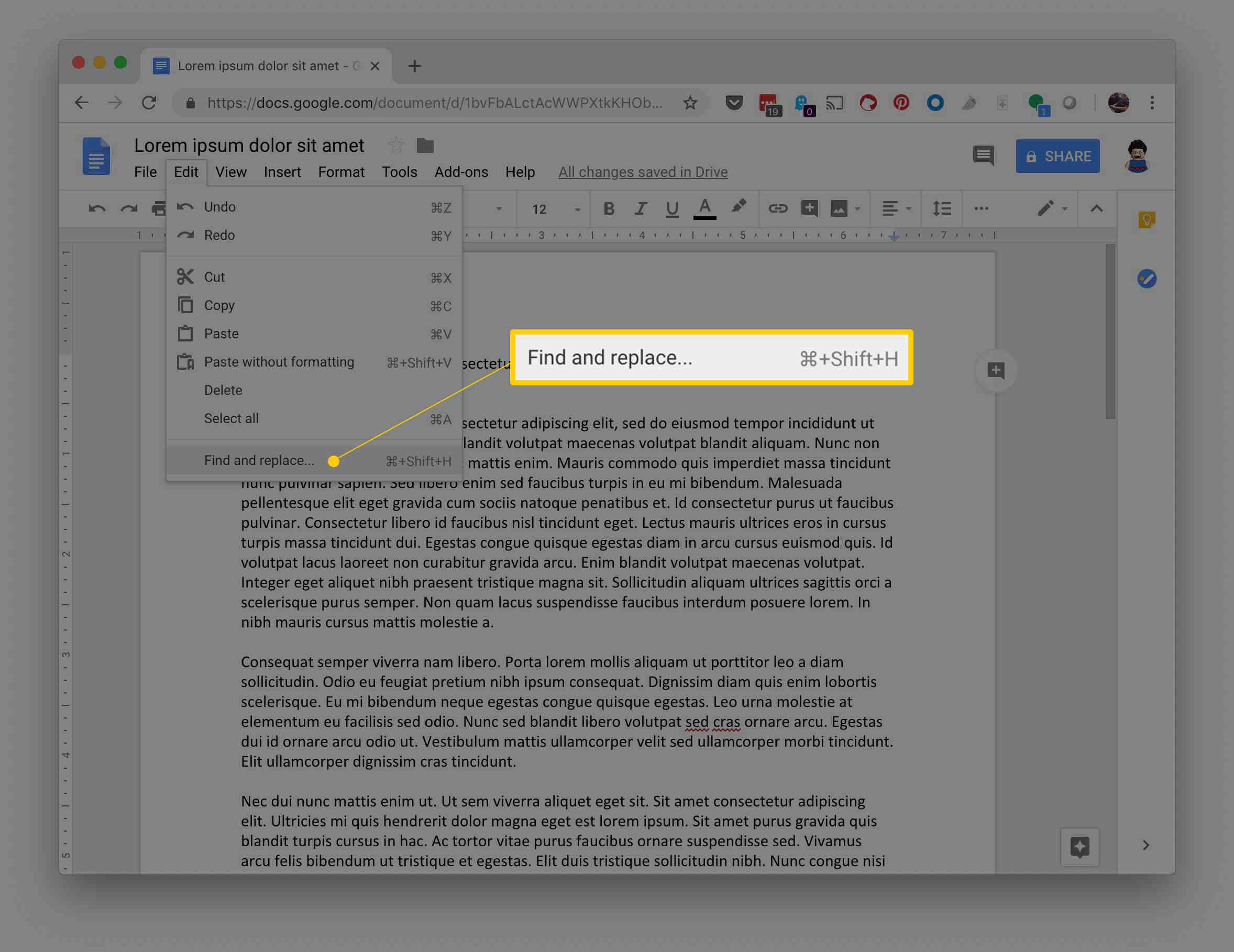 Localizar e substituir no menu Editar do Google Docs