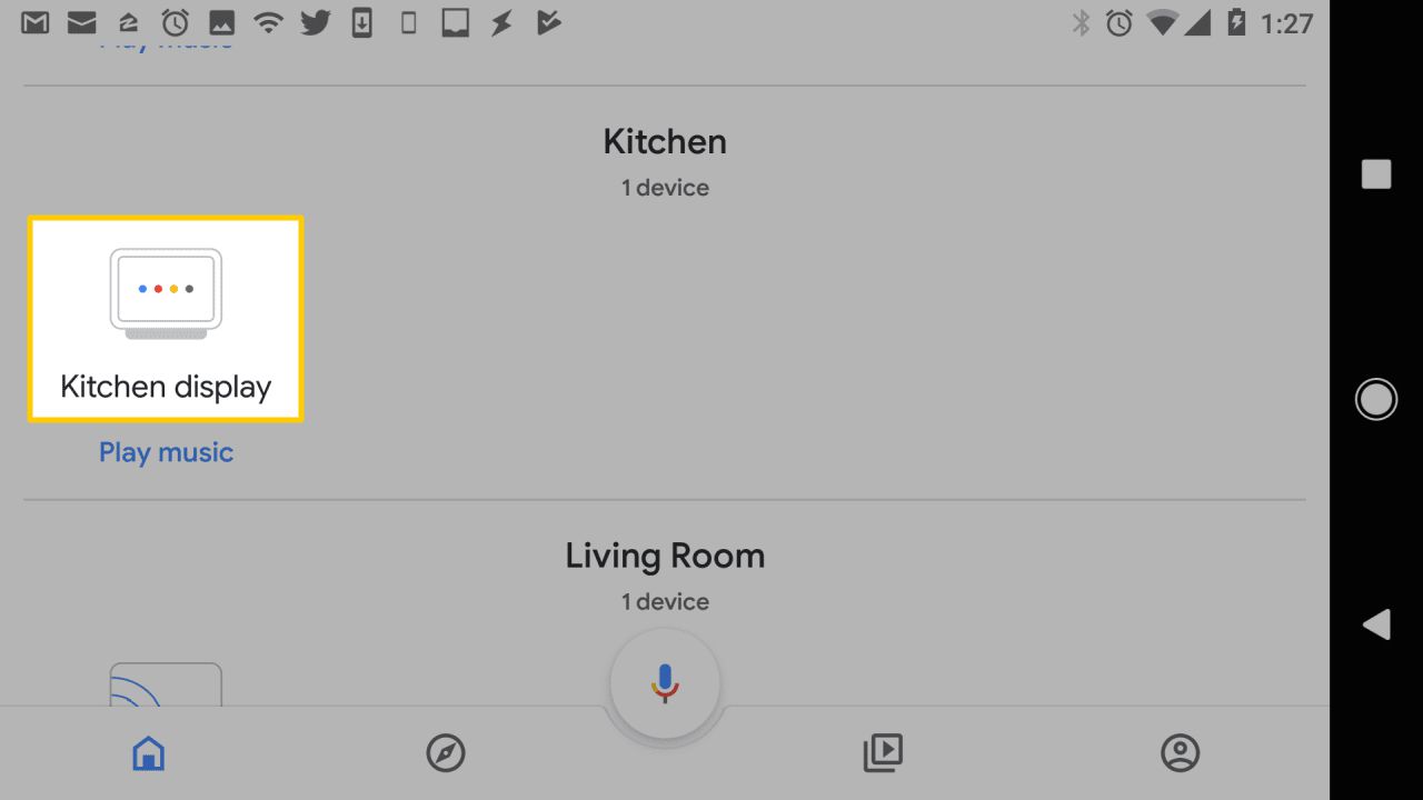 Tela principal do app Google Home com o Google Home Hub selecionado