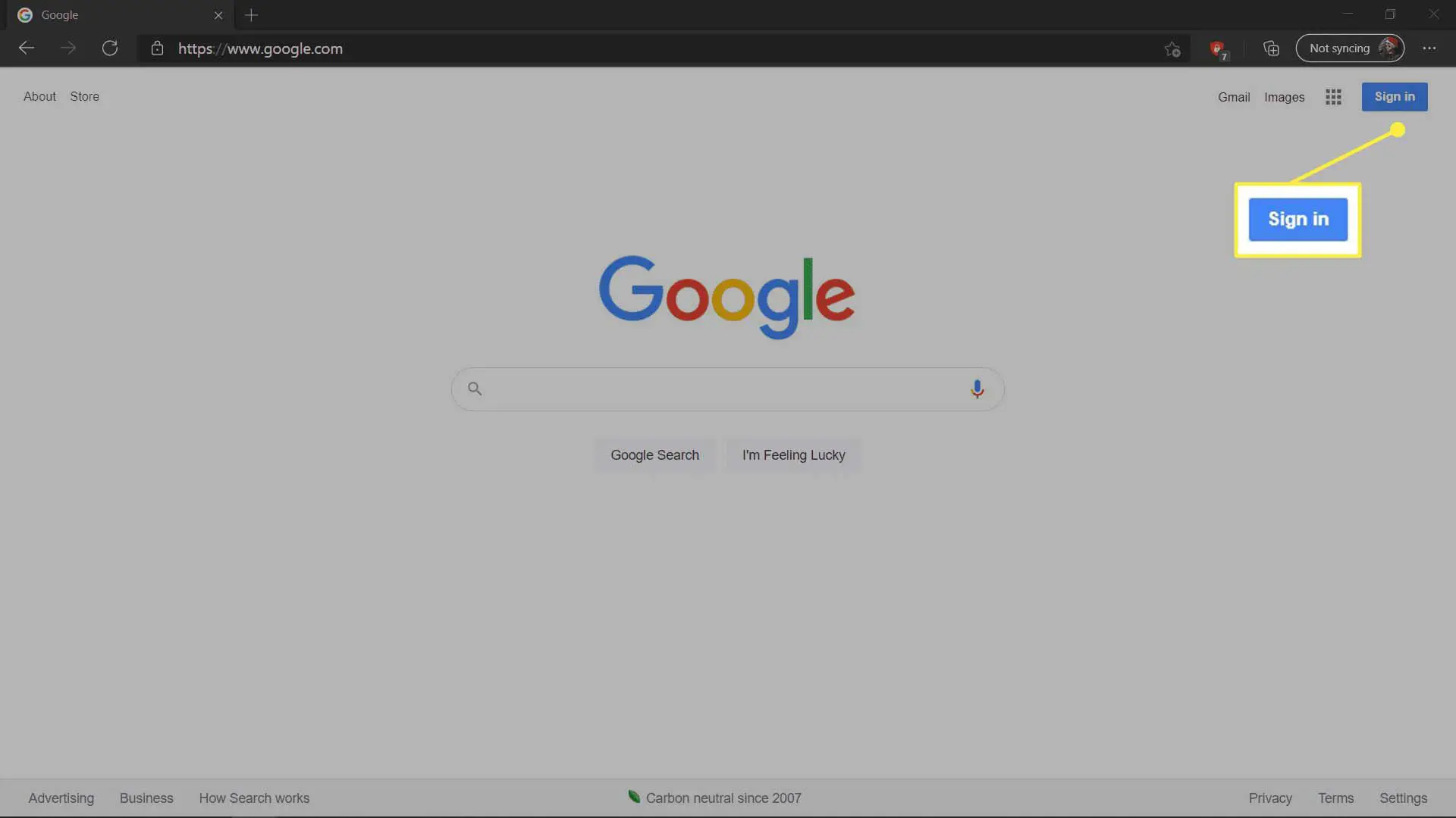 A página inicial do Google com o botão Login realçado.