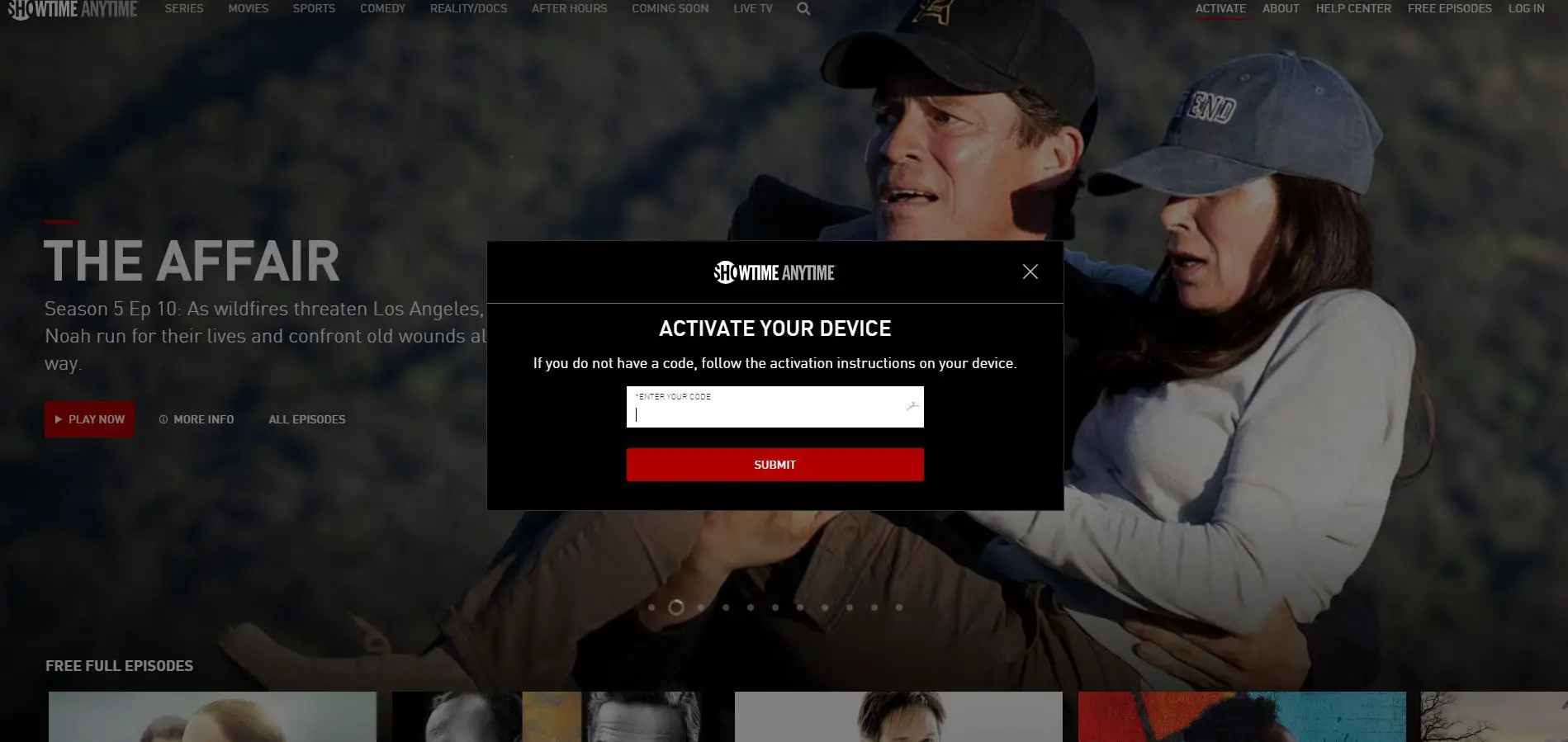 Captura de tela da página de ativação do dispositivo Showtime Anytime