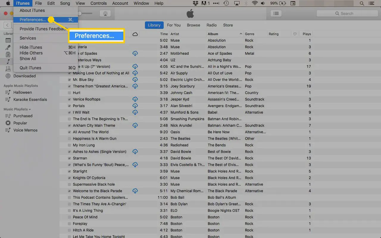 Preferências no iTunes em um Mac