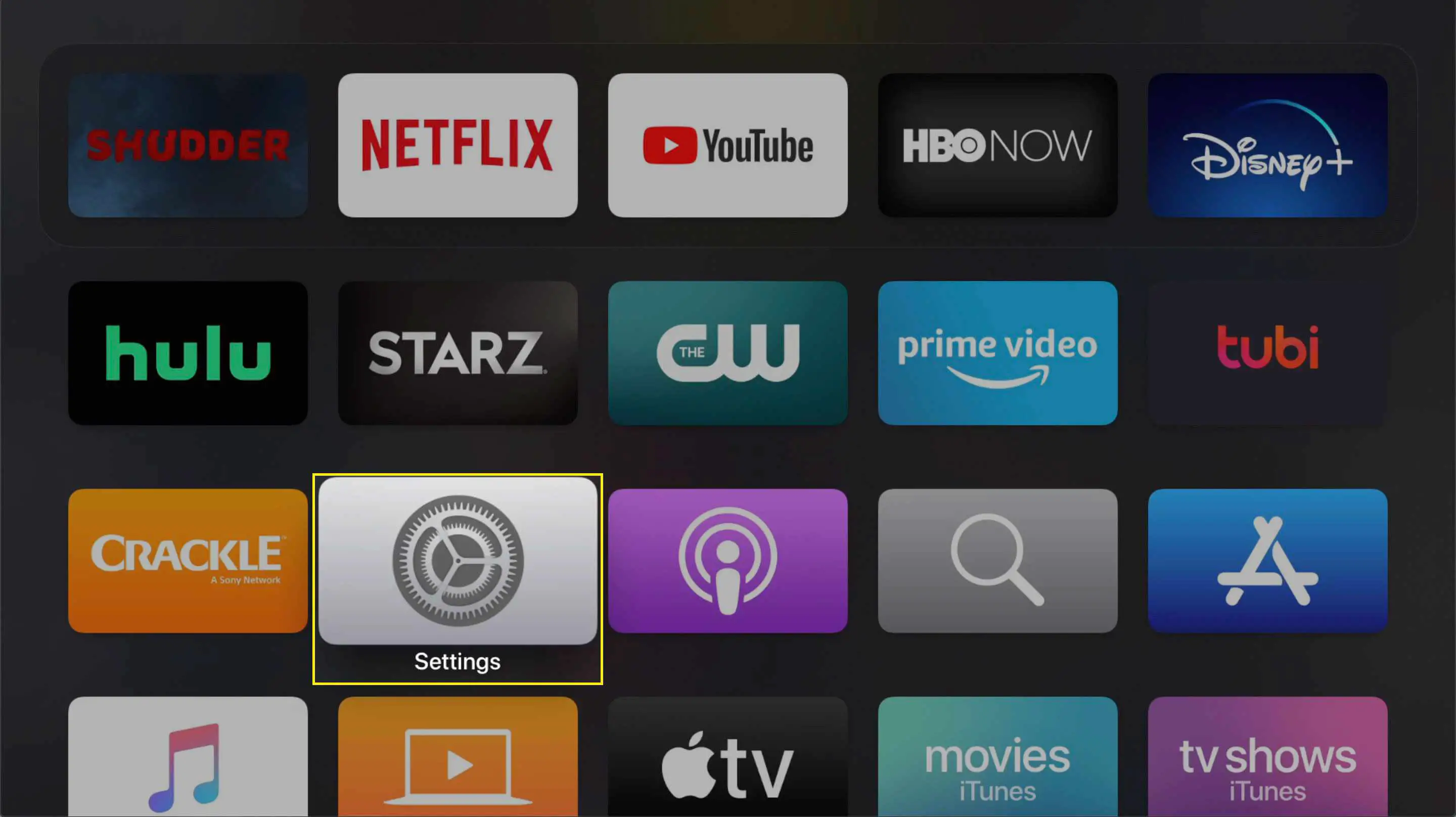O aplicativo Configurações na Apple TV