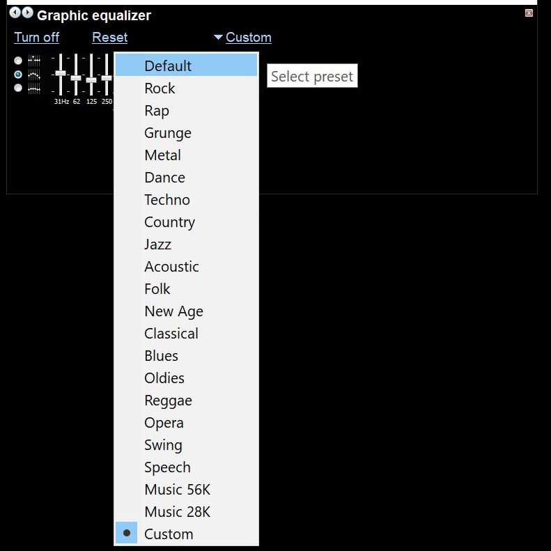 Captura de tela mostrando o menu de predefinições do Windows Media Player 12