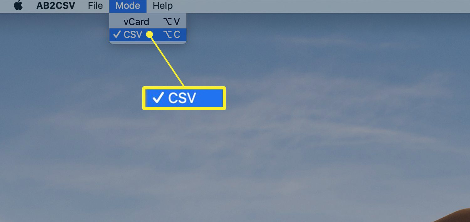 Barra de menu AB2CSV mostrando a seleção CSV