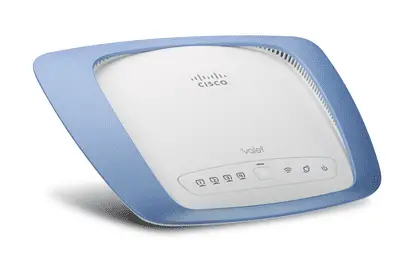 Imagem de um roteador sem fio Cisco Valet M10 branco e azul