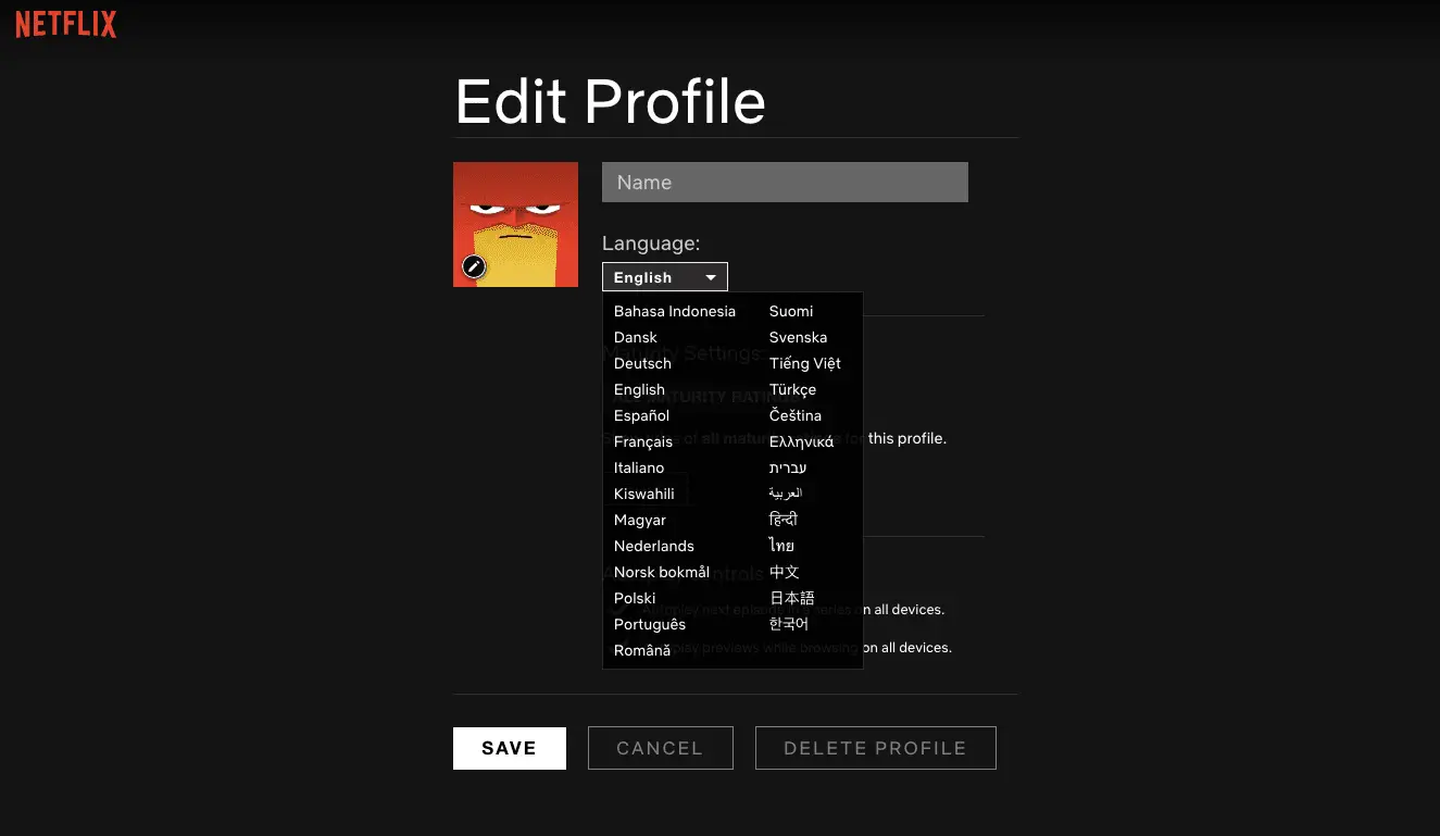 Tela de edição de perfil da Netflix com opções de idioma