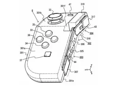 Desenho de patente japonesa de um controlador Nintendo Switch dobrável.