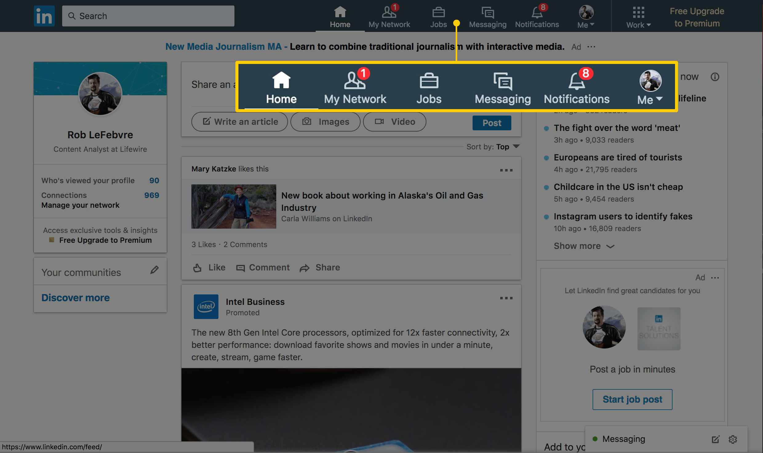 Captura de tela da página principal do Linkedin com foco na barra de navegação: Home, My Network, Jobs, Messaging, Notifications, Me