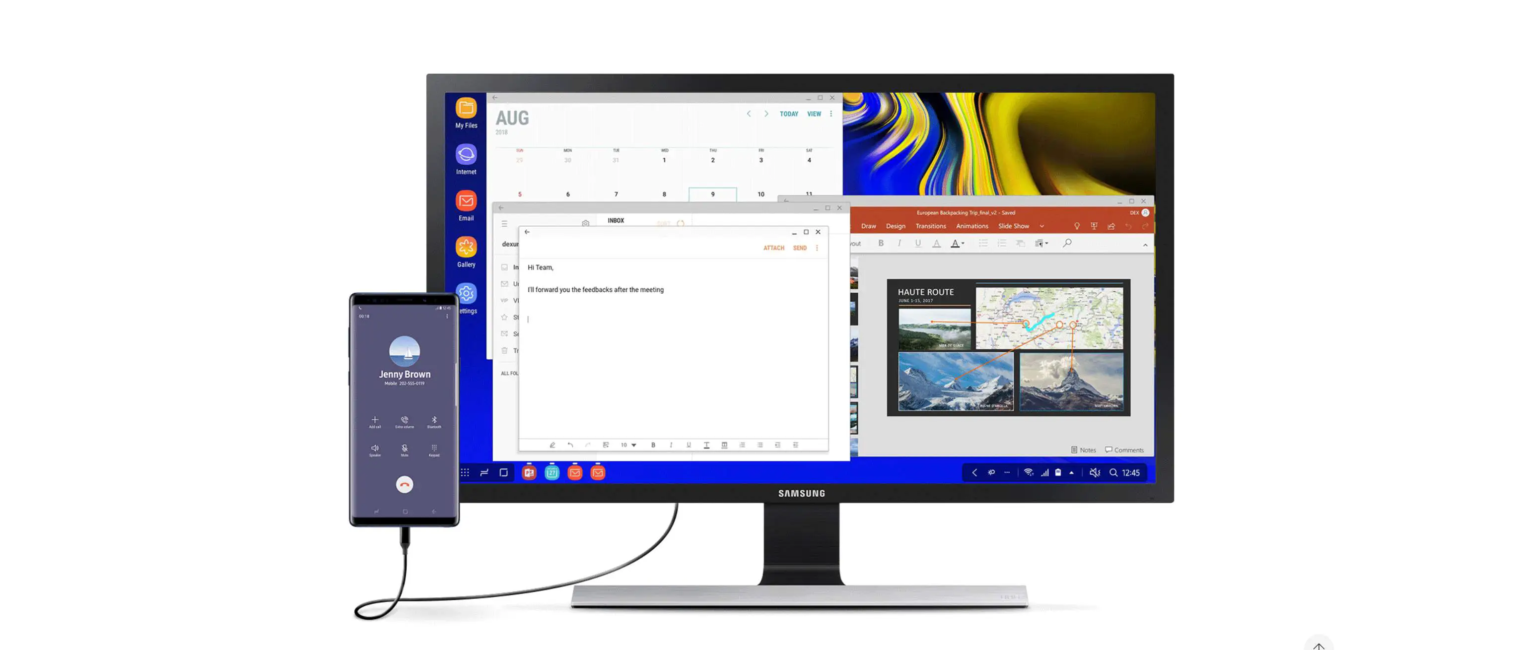 Samsung Note 9 conectado a um monitor usando um cabo Samsung Dex