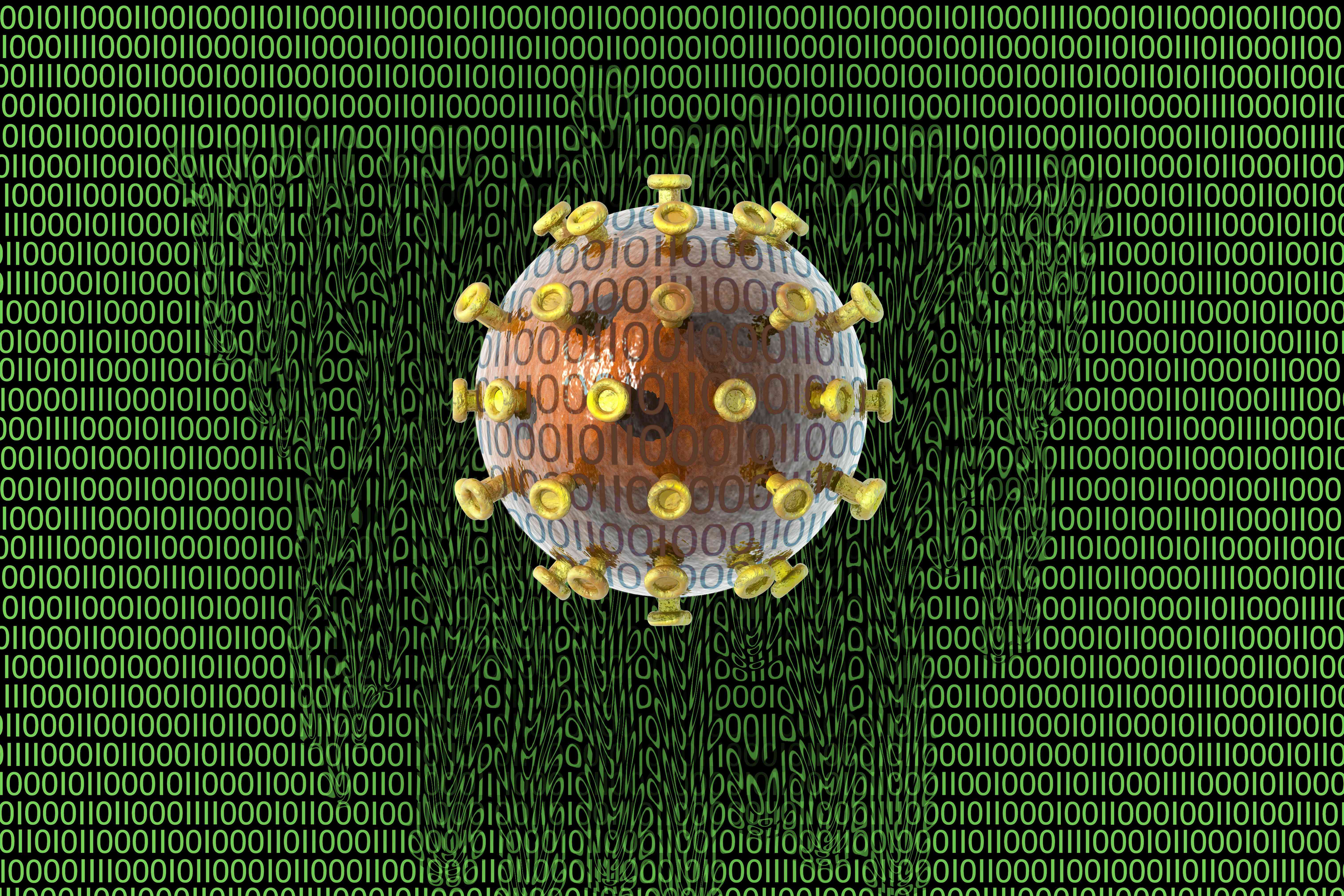 Ilustração de um colapso digital causado por uma infecção de vírus, mostrado por uma bola de vírus em um fundo verde de uns e zeros