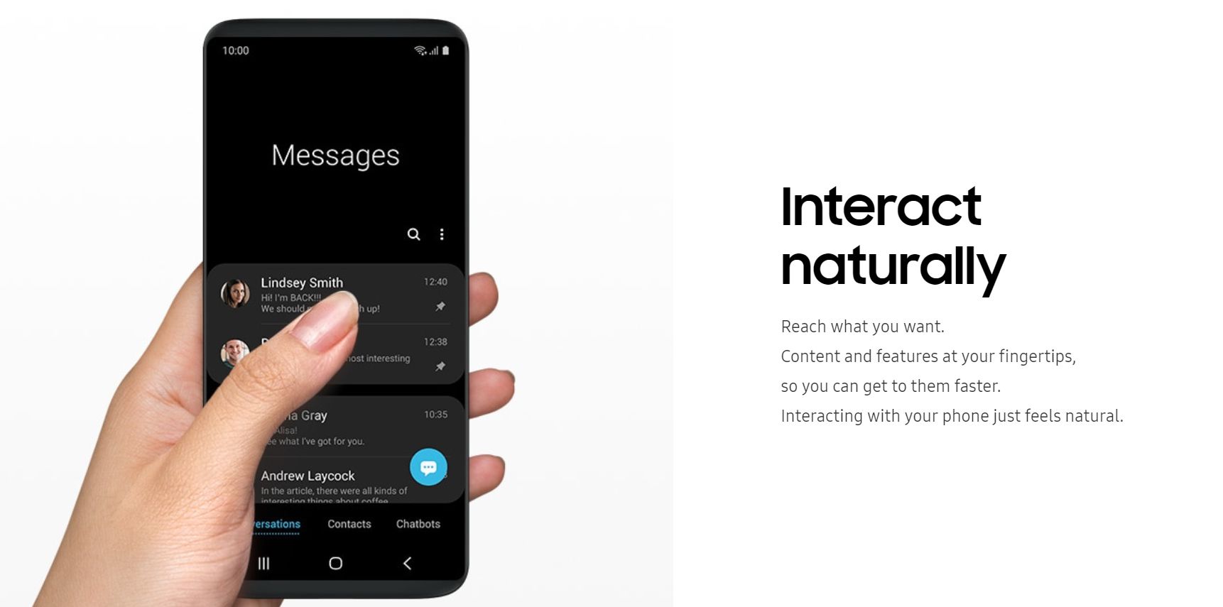 Página da web que diz "interaja naturalmente" com uma mão segurando um smartphone ao lado dela.