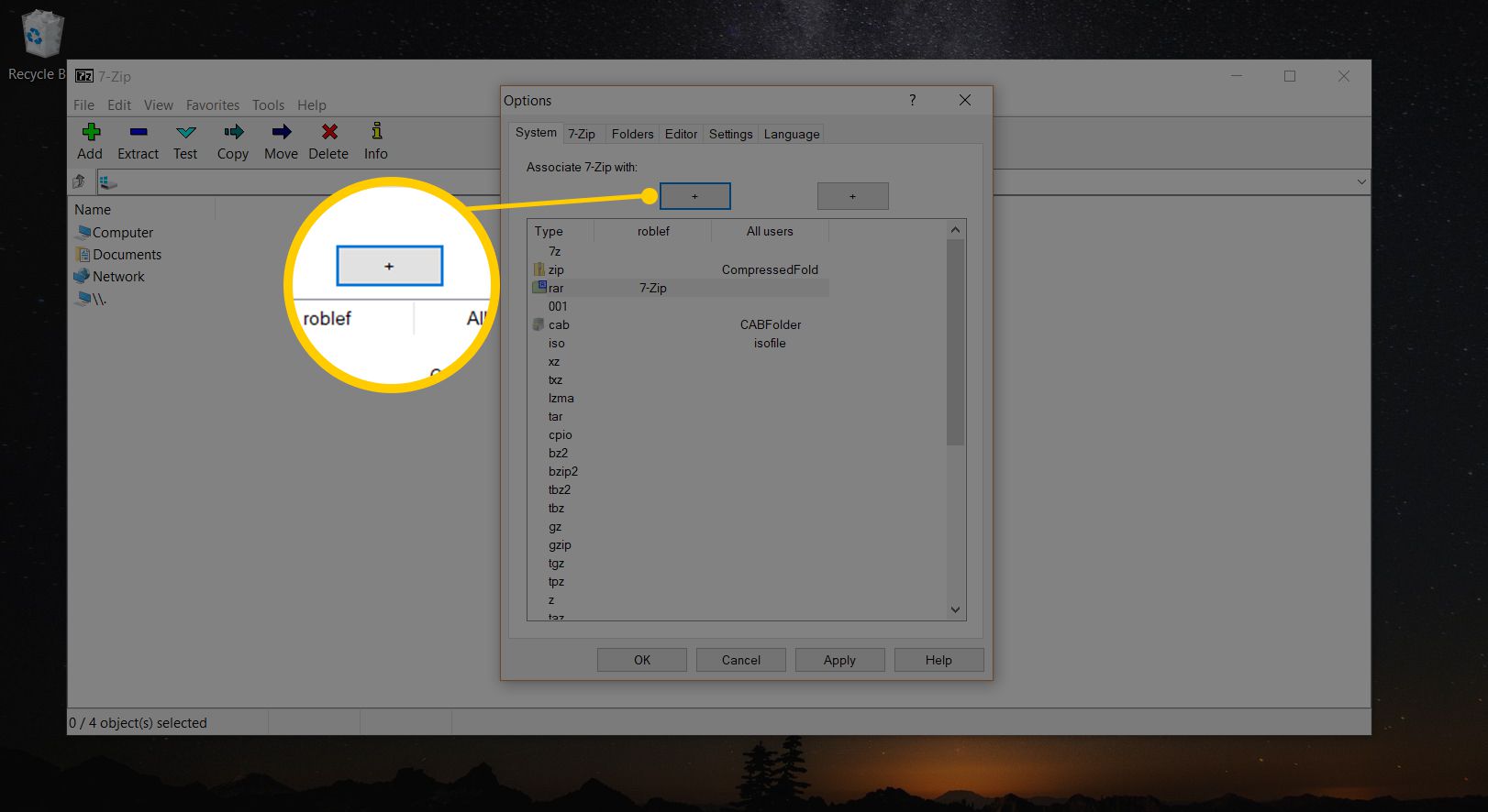 Captura de tela do programa 7-Zip no Windows 10, com foco na associação de arquivos RAR