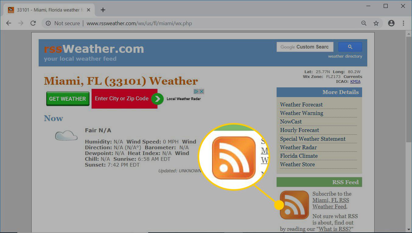 Página da web RSSWeather.com mostrando um ícone RSS para um feed RSS