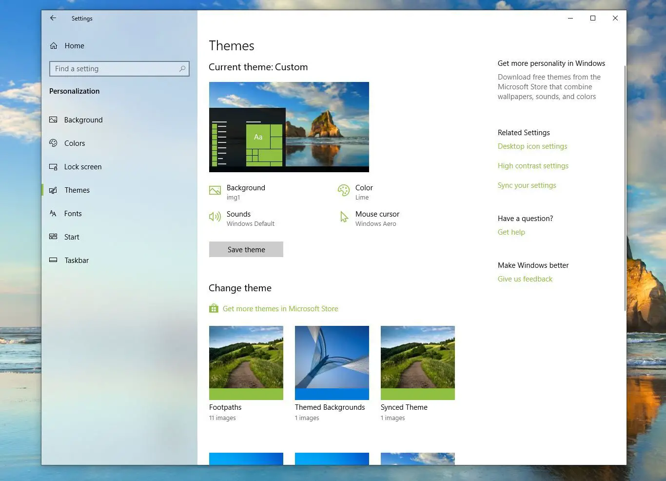 Captura de tela dos temas do Windows