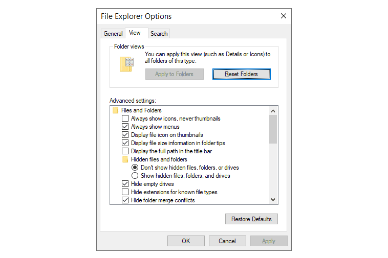 Captura de tela da opção no Windows para ocultar extensões para tipos de arquivo conhecidos