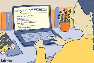 Ilustração de uma pessoa fazendo uma pesquisa booleana por HTML e Java