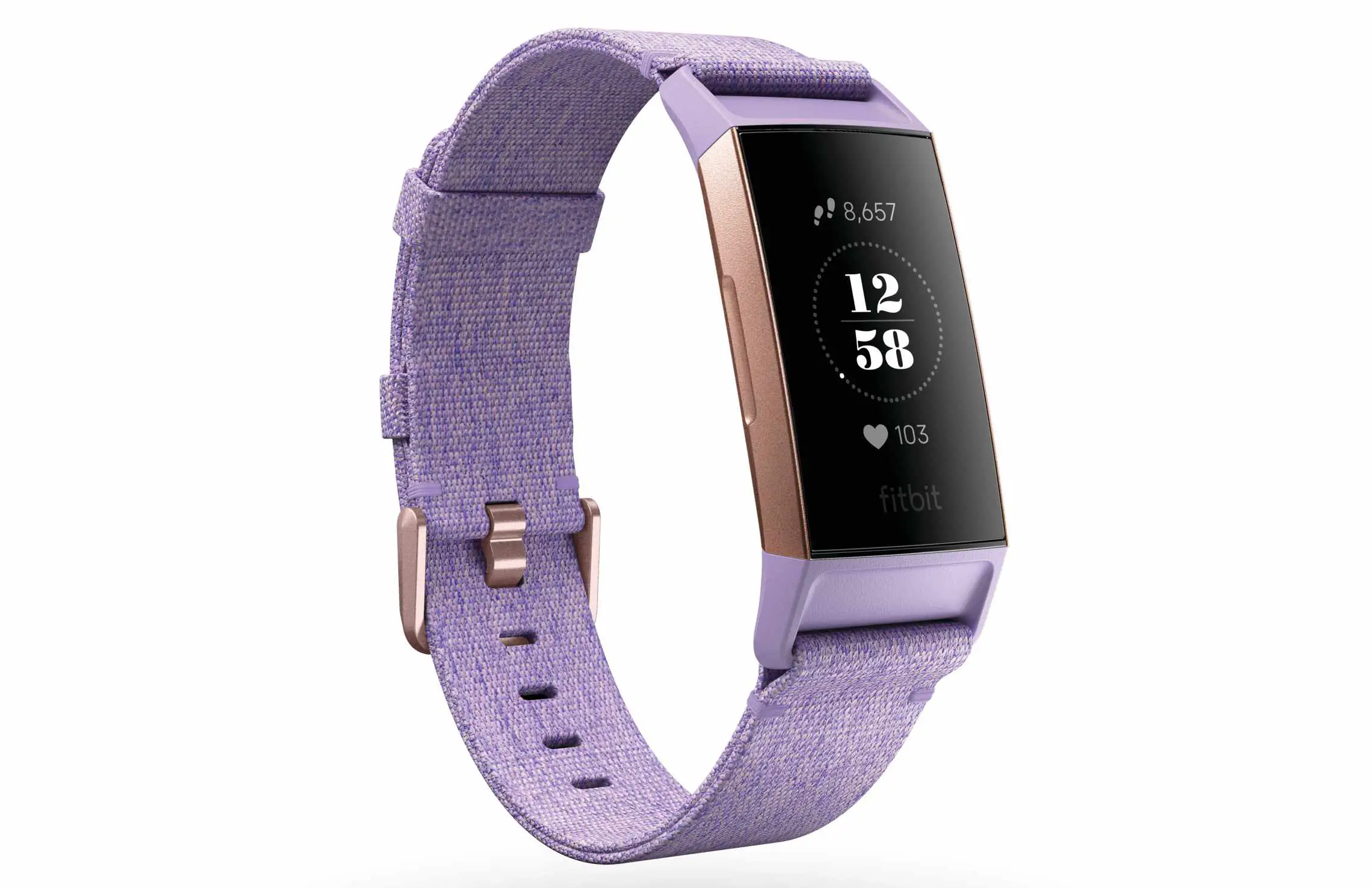 Fitbit Charge 3 mostrando o mostrador do relógio e a frequência cardíaca.