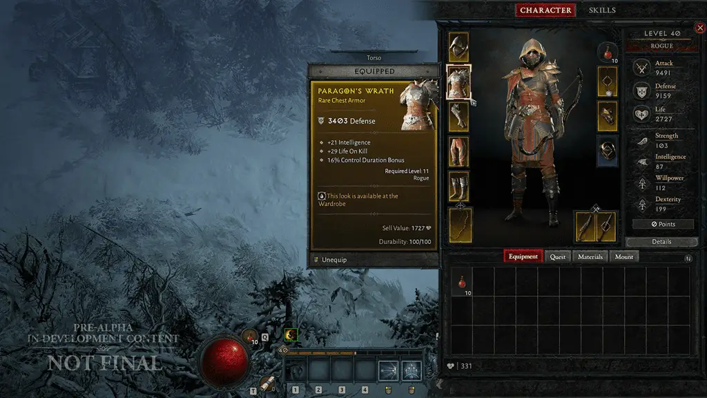 Tela de inventário de personagens de Diablo IV