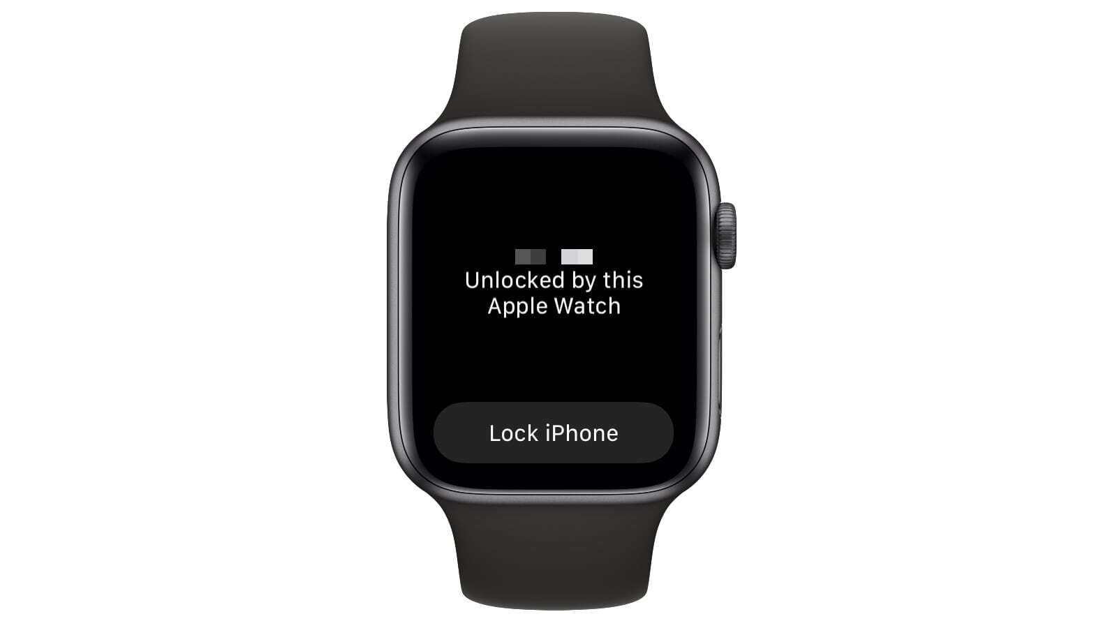 Apple Watch mostrando uma mensagem "Desbloqueado por este Apple Watch" e uma solicitação para bloquear um iPhone