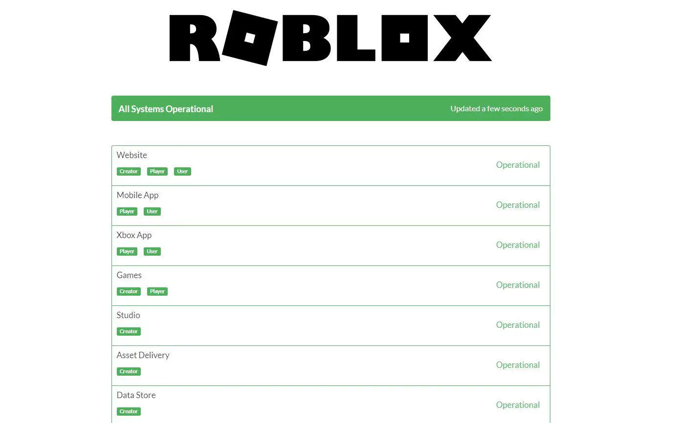 Uma captura de tela da página de status do Roblox.