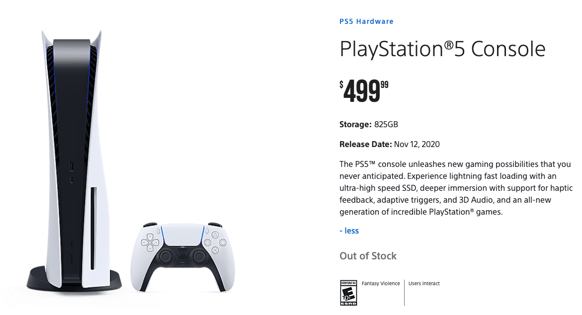 A página da loja PS5 do site do PlayStation Direct mostrando que o console está fora de estoque